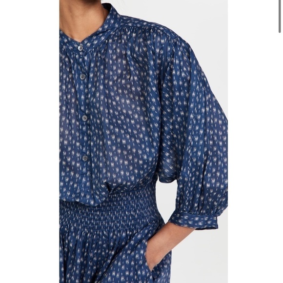 Rebecca Taylor Long Sleeve Ikat Shirtdress Indigo Blue Puff Sleeve Smocked Sz S - Picture 9 of 16